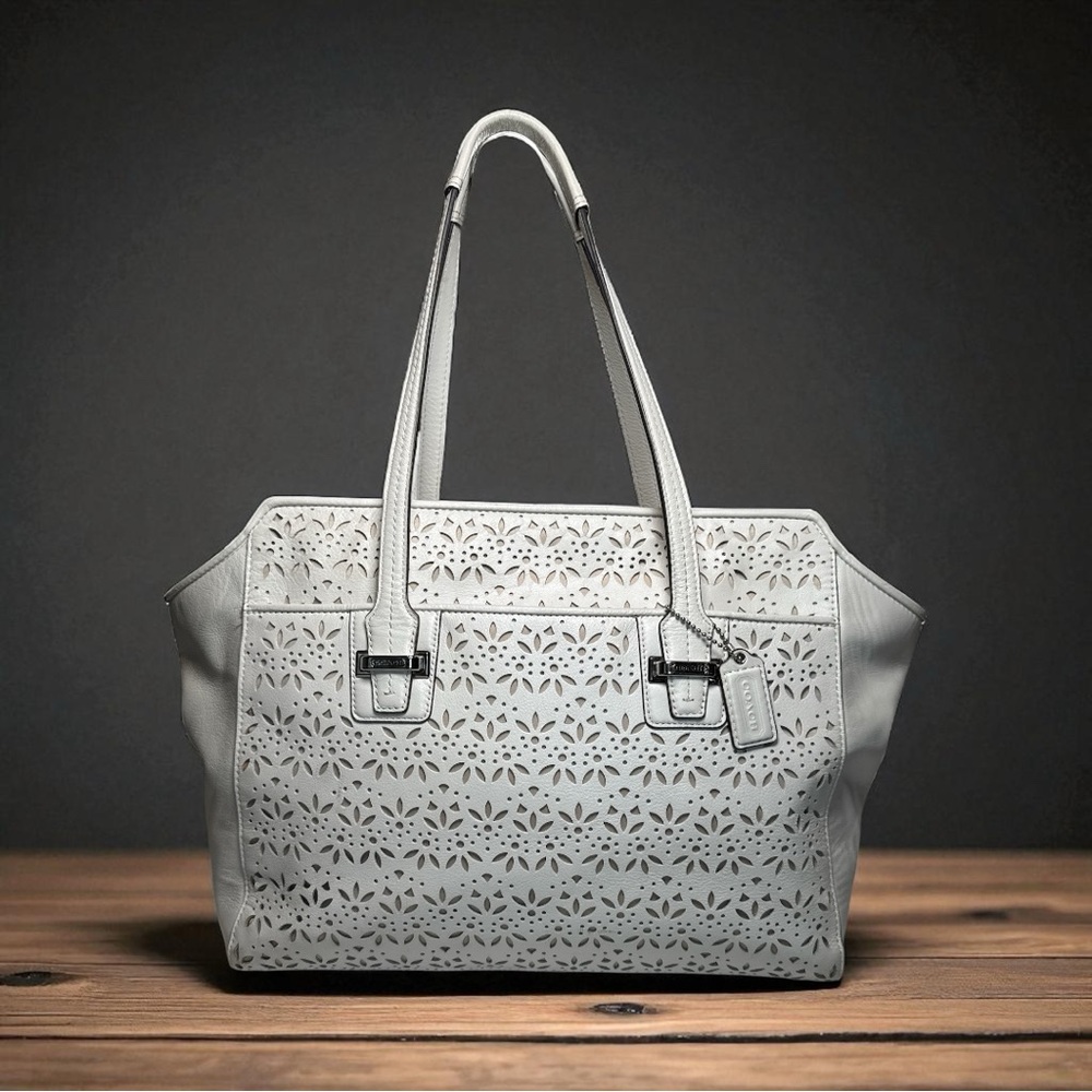 Coach RARE Madison Laser Cut White Leather Satchel Handbag Purse Shoulder Bag